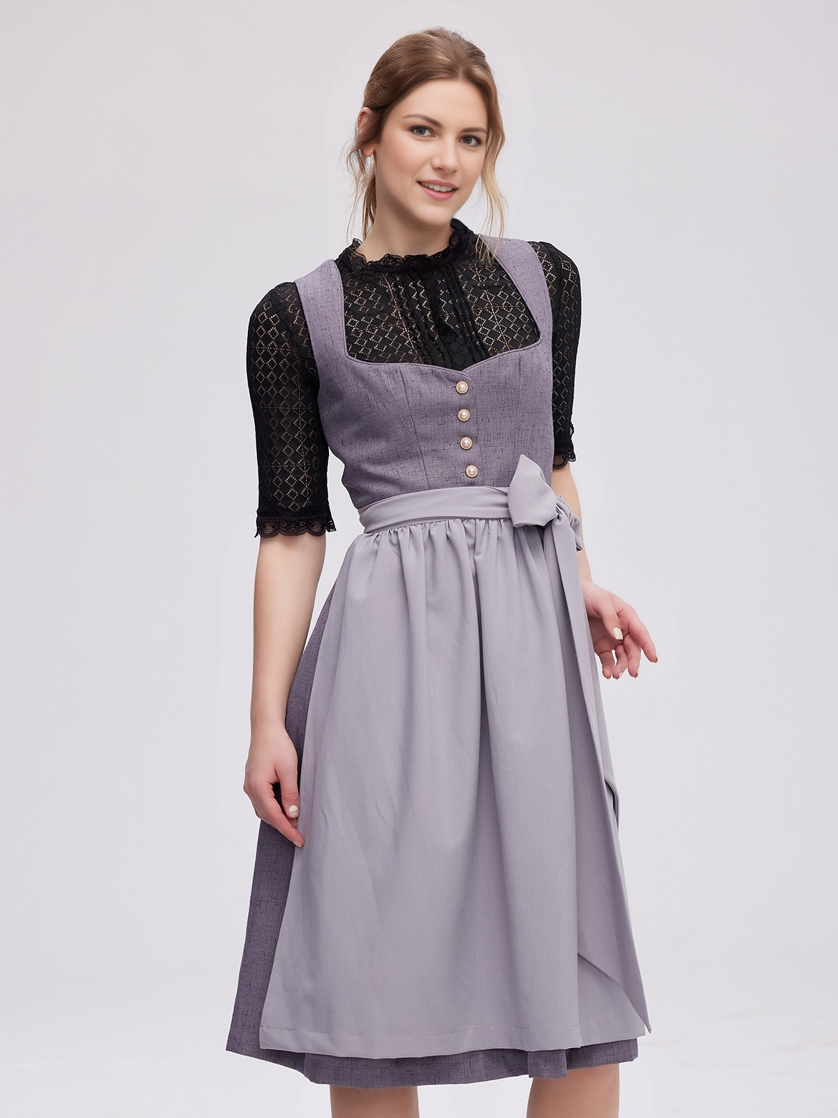 Elegantes schwarzes Samt-Dirndl mit grauer Schürze